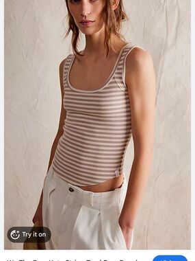 Free People Striped Scoop Tank Top in Taupe and White